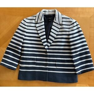 Ann Taylor Striped Blazer Size 2 Ivory & Black Lined Striped Pockets Classic EUC